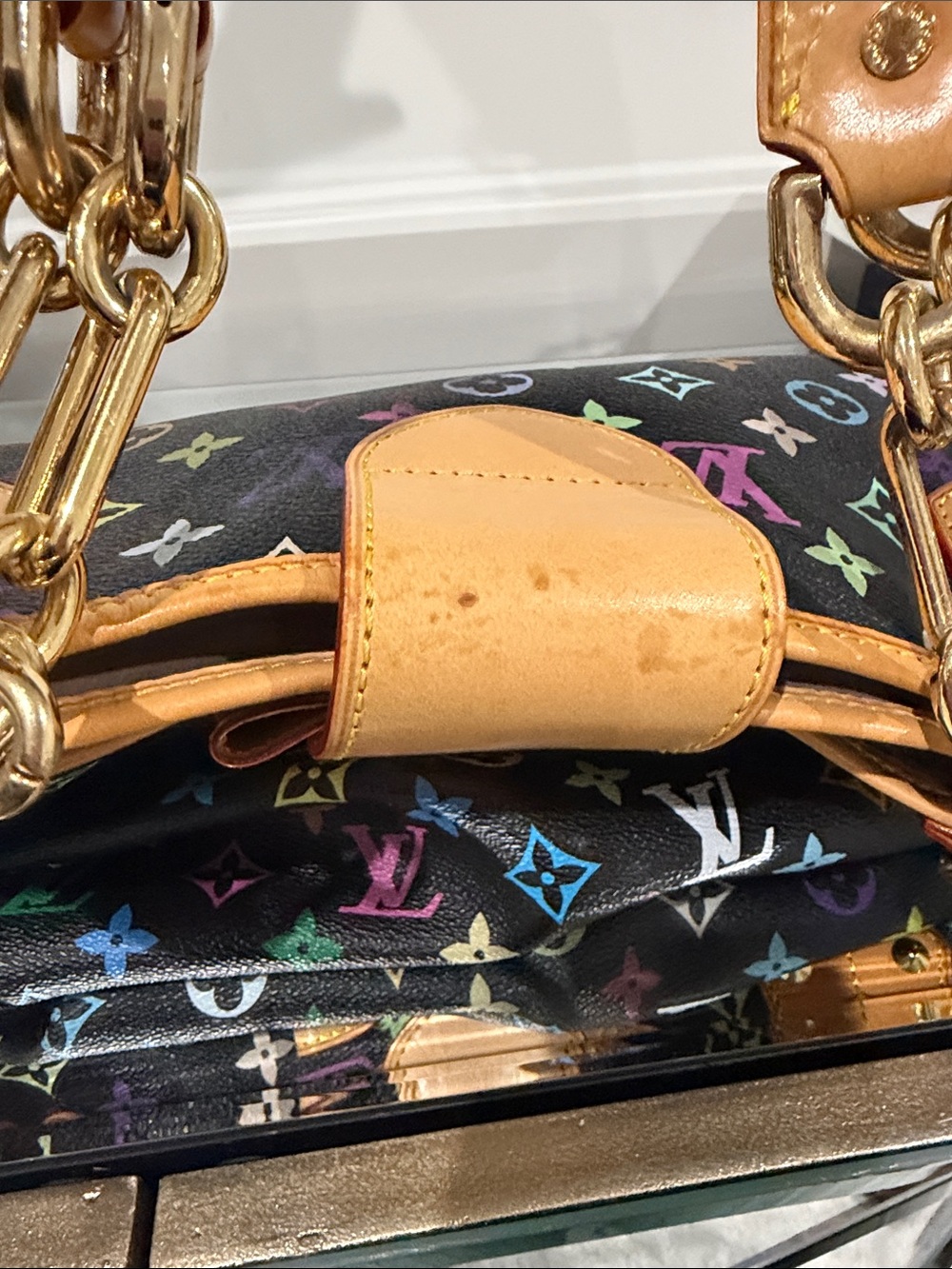 Multicolor Monogram Tote Bag with Tan Leather Trim - Picture 6 of 15